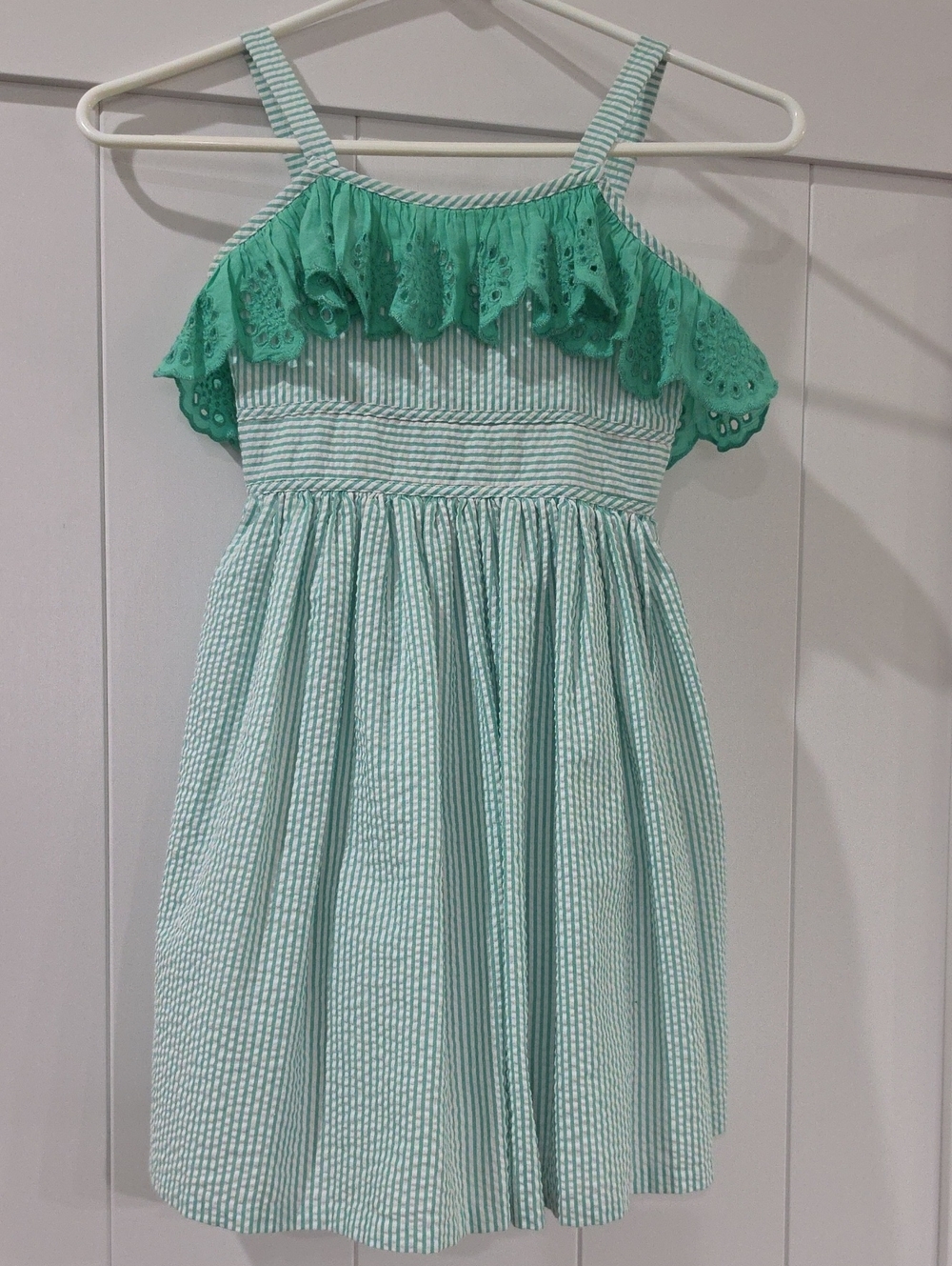 Bonnie Jean Mint Green Striped Eyelet Ruffle Dress